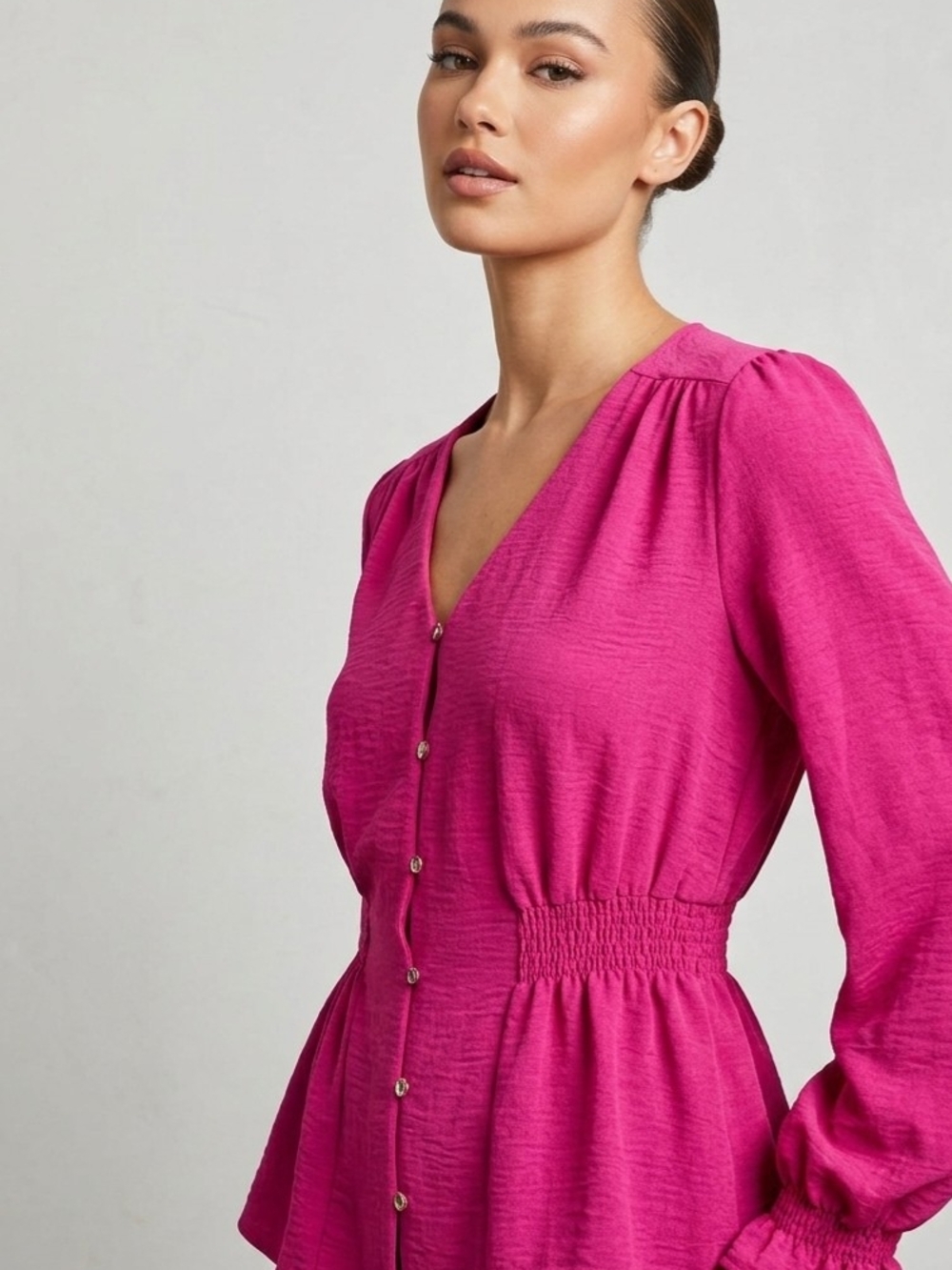 NAIF Fuchsia Button-Front V-Neck Peplum Blouse